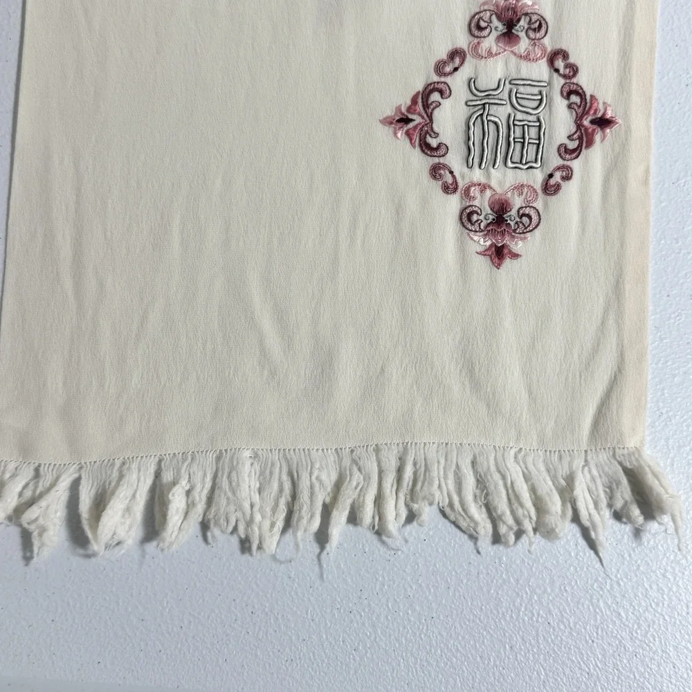 Vintage Embroidered Silk Scarf Fringe Boho Cottagecore Folk Art Cream Minimalist